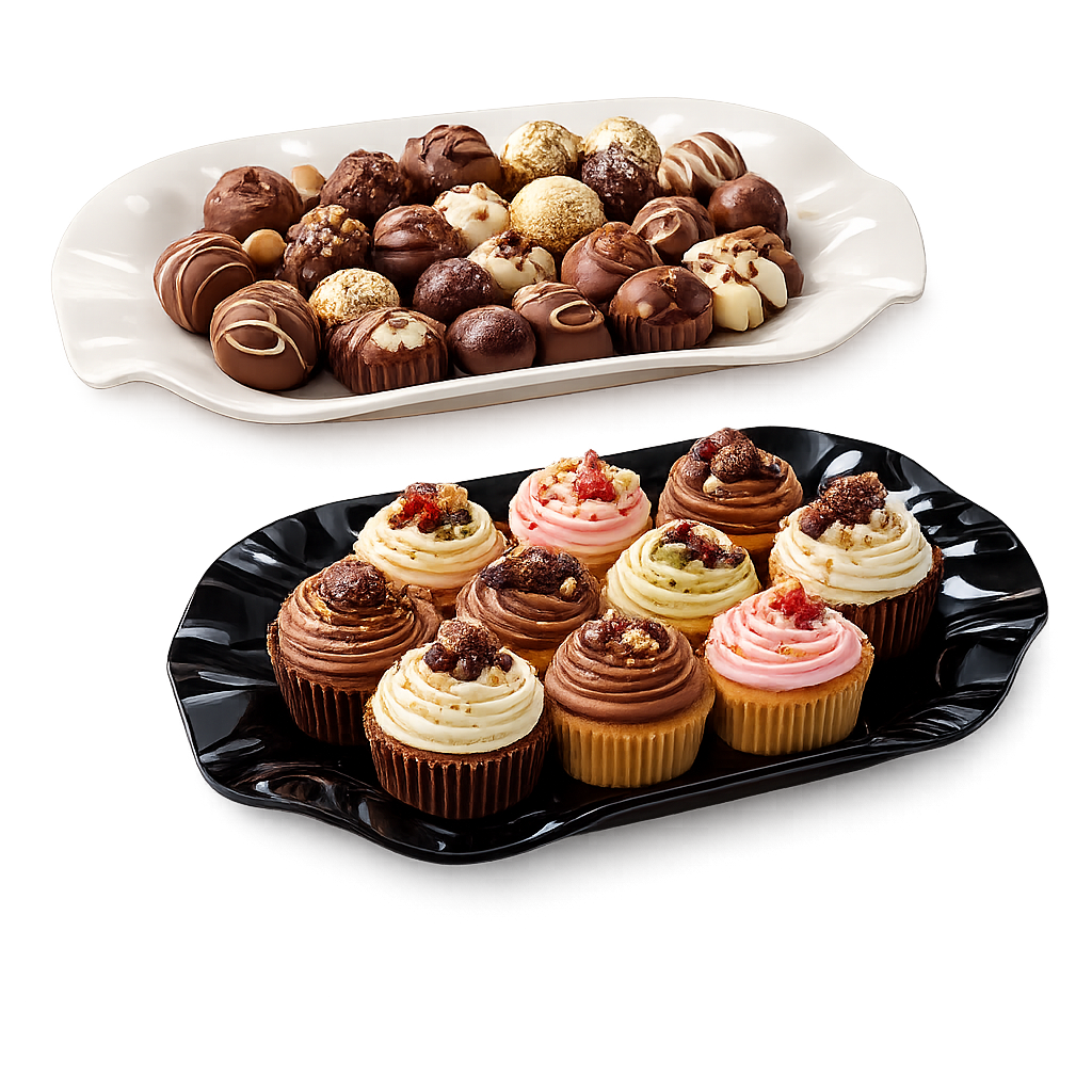 acrylic plates with cookies and chocolates in them