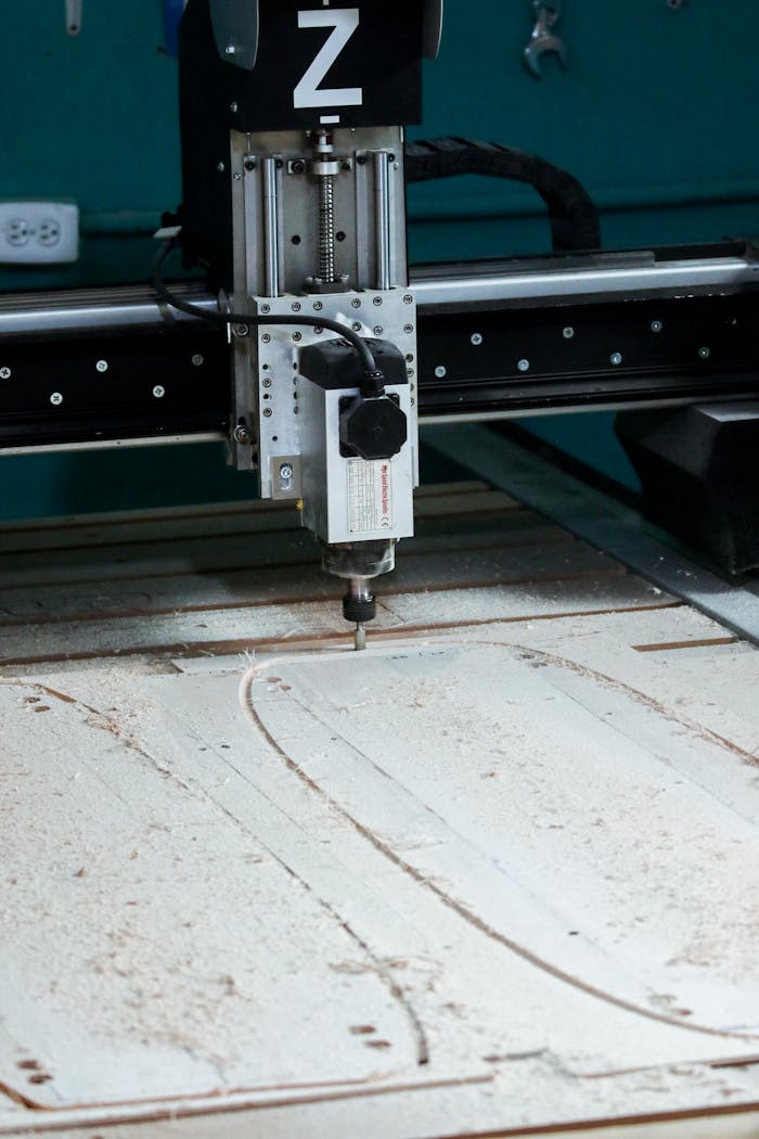 Close-up of a CNC router machine operating in a workshop setting, cutting patterns into wood.